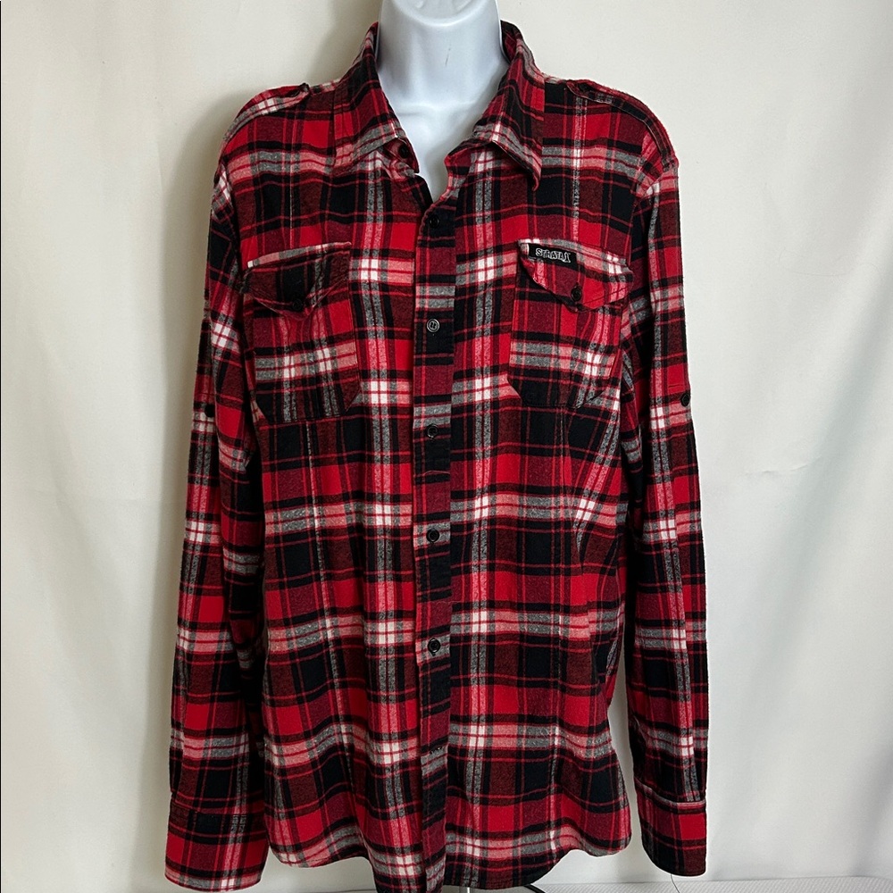 Strata Women’s Large Red Black Gray Plaid Long Sleeve Flannel Button Front Shirt